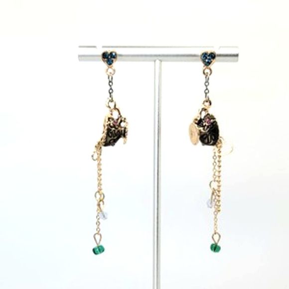 Whimsical Tea Cup Spilling Gold Tone Chains & Crystals Dangle Earrings - Picture 7 of 7